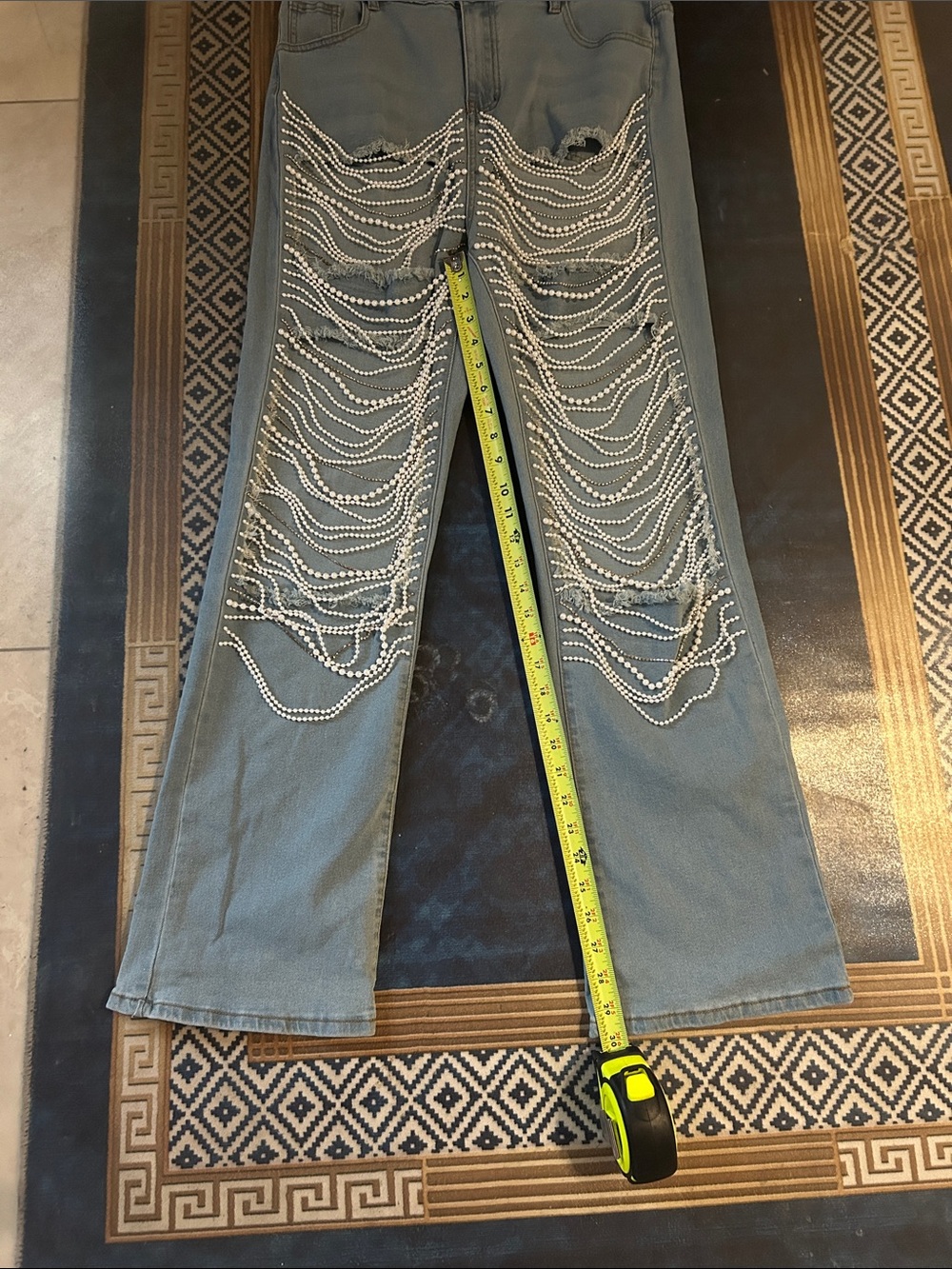 Gray Straight-Leg Jeans with Rhinestone Draped Embellishments